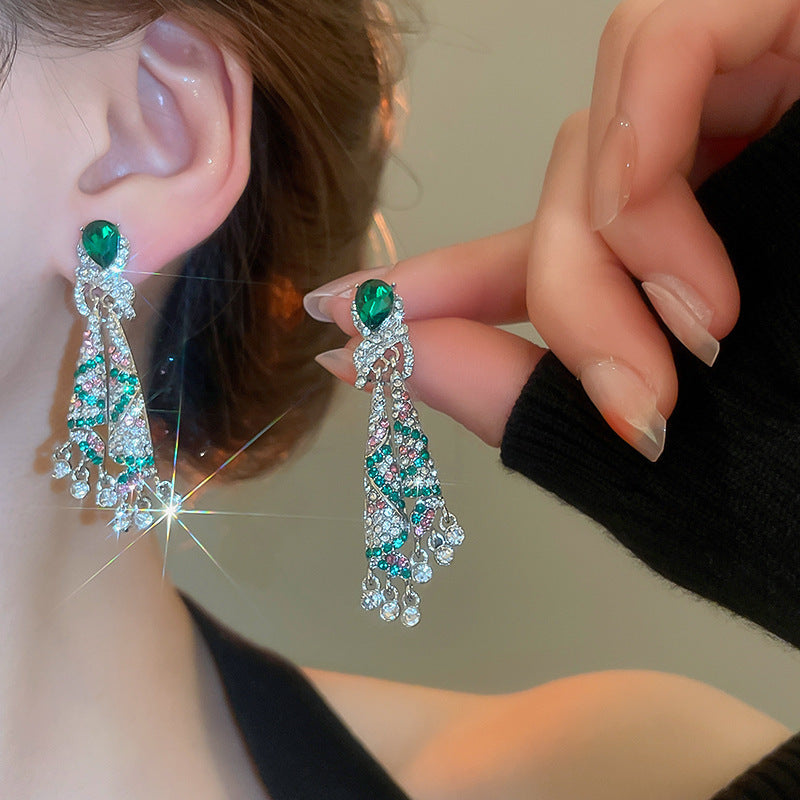 歐美跨境綠色鋯石花朵幾何耳釘氣質百搭耳環輕奢高級感耳飾設計感