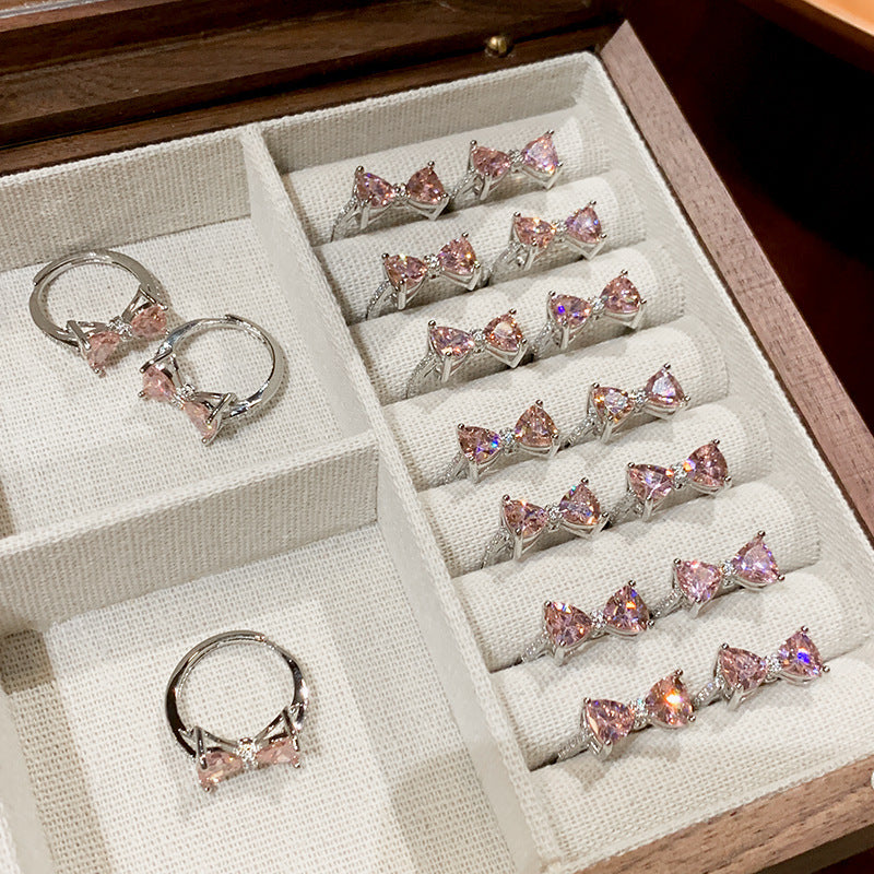 韓系甜美鋯石蝴蝶結開口戒指輕奢高級感食指戒精緻設計感小衆手飾