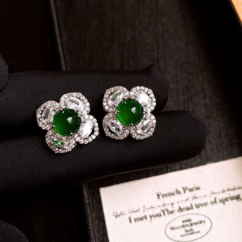 歐美跨境綠色鋯石花朵幾何耳釘氣質百搭耳環輕奢高級感耳飾設計感