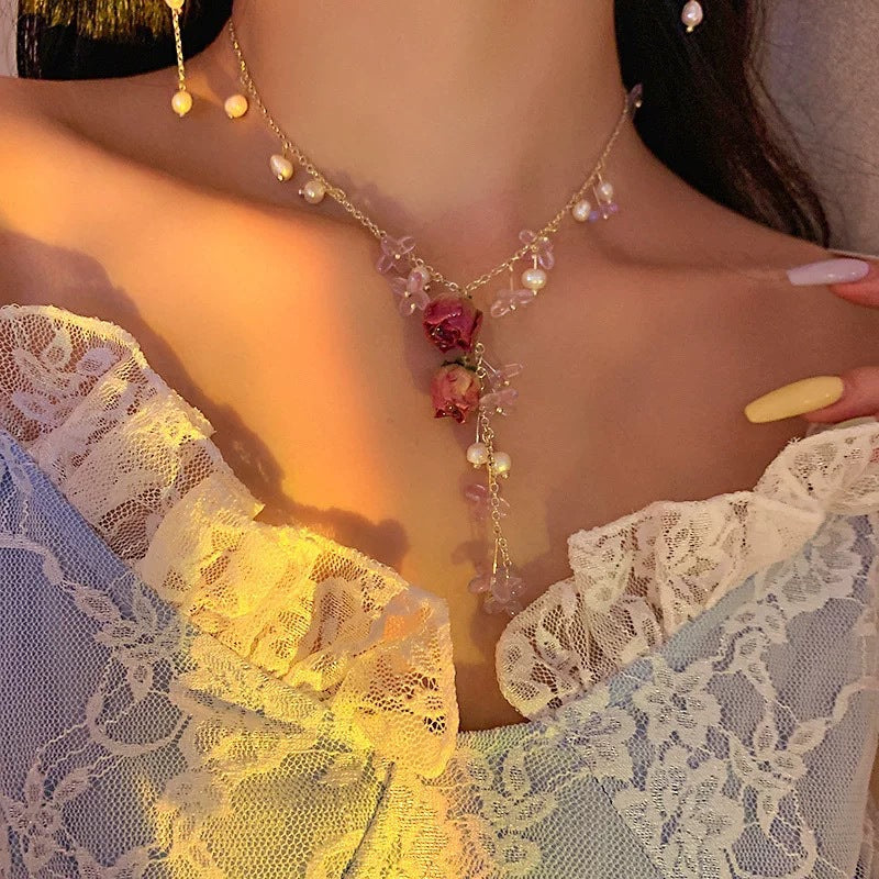 法式復古永生花朵多層珍珠項鍊韓國時尚設計鎖骨鏈新款氣質項飾女
