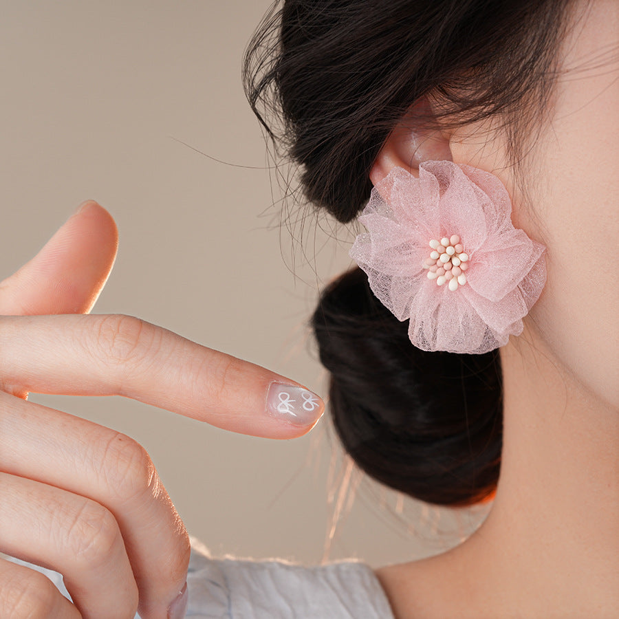 銀針波西米亞粉色網紗花朵耳環時尚甜美百搭學生耳飾小清新度假風耳飾