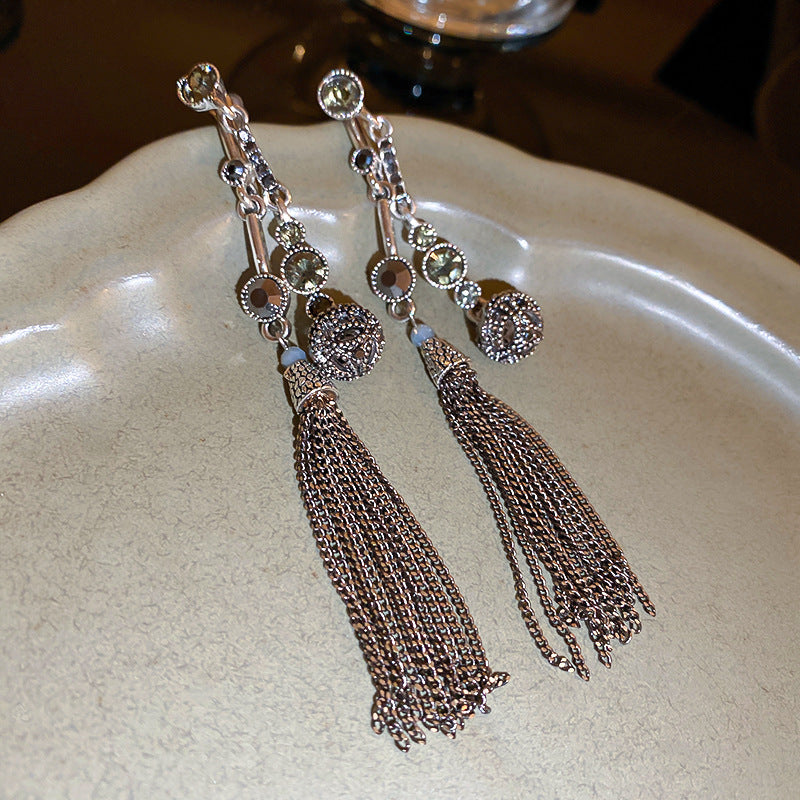 銀針跨境冷淡風銀色鑲鑽鋯石花朵珍珠耳環長款流蘇耳釘高級感耳飾