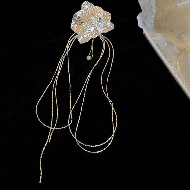 銀針跨境冷淡風銀色鑲鑽鋯石花朵珍珠耳環長款流蘇耳釘高級感耳飾