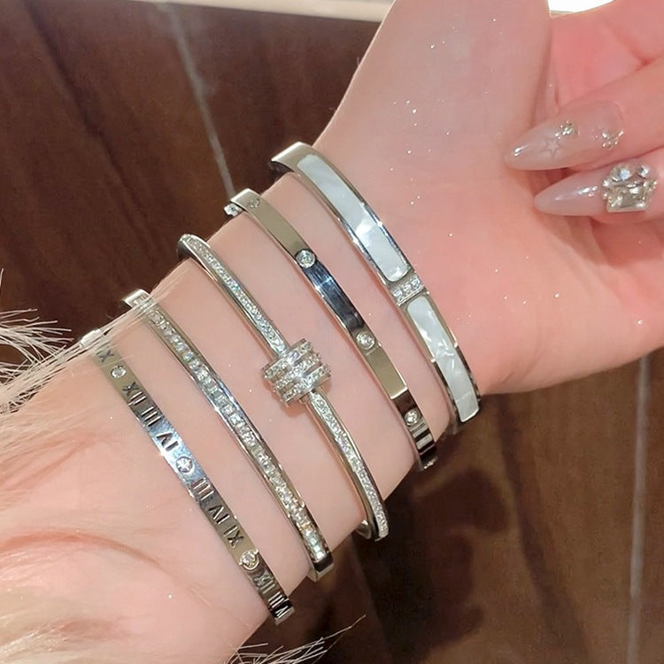 鈦鋼手鐲 輕奢不鏽鋼手鐲女生高級感 小衆簡約滿鑽手環情侶手飾品