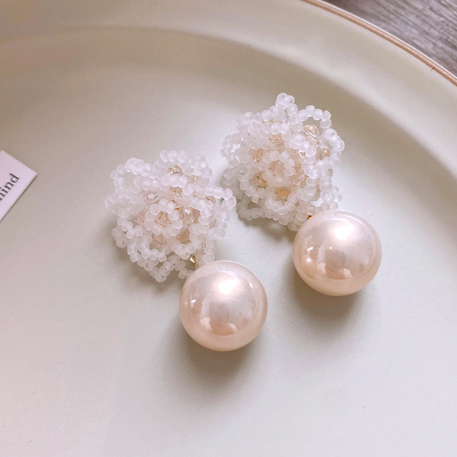 銀針小清新彩色米珠花朵珍珠耳環甜美百搭氣質耳釘輕奢高級感耳飾