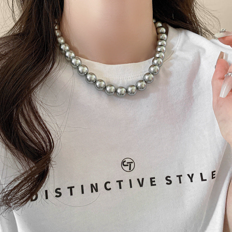 法式復古灰色珍珠項鍊小衆簡約設計感鎖骨鏈氣質輕奢高級感項飾女