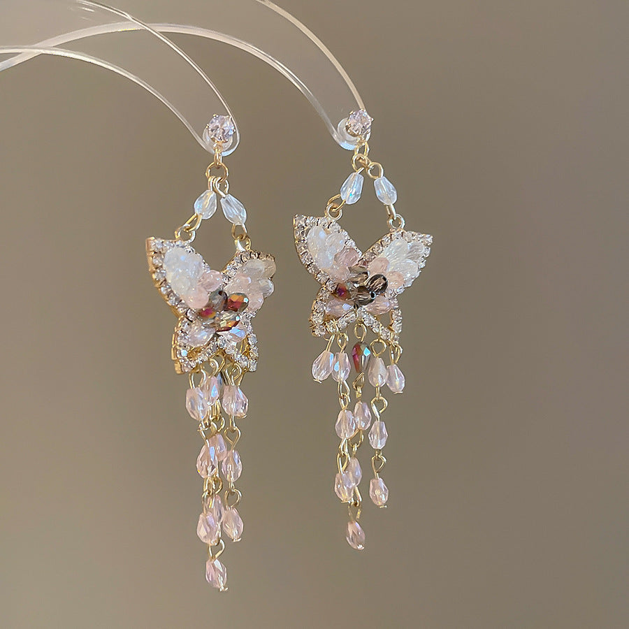 銀針熱銷鑲鑽鋯石水滴蝴蝶流蘇耳環輕奢高級感耳釘耳飾設計感小衆