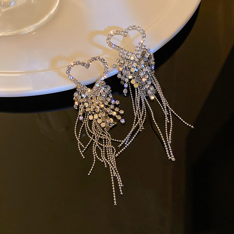 銀針跨境冷淡風銀色鑲鑽鋯石花朵珍珠耳環長款流蘇耳釘高級感耳飾