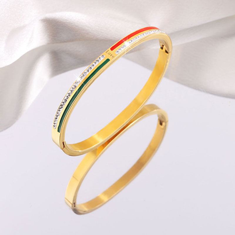 鈦鋼手鐲 滴油雙面鑲鑽刻love手鐲女生高級感 個性小衆不掉色手環