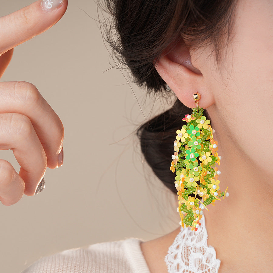 銀針森系米珠編織亮片花朵流蘇耳環超仙度假風耳墜小衆高級感耳飾