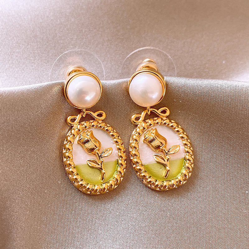 莫奈花園油畫風愛心花朵珍珠耳環時尚氣質耳釘法式甜美小清新耳飾