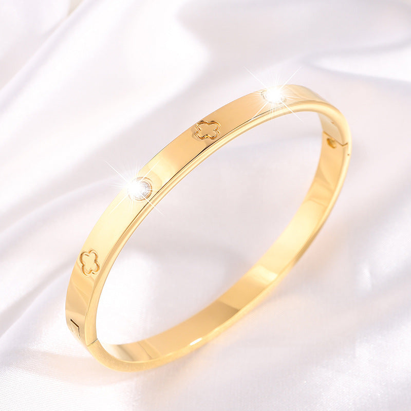 鈦鋼手鐲四葉花壓印手鐲女生高級感時尚網紅爆款不鏽鋼手鐲飾品