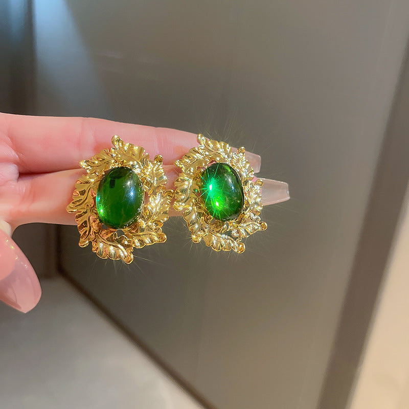 銀針中古vintage綠色鑲鑽蝴蝶珍珠耳環氣質耳墜復古高級感耳飾女