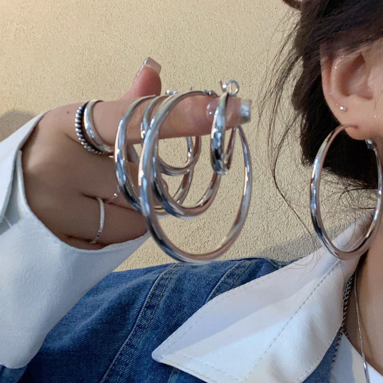 銀針歐美誇張圓形素圈耳環時尚個性冷淡風耳圈輕奢高級感耳飾