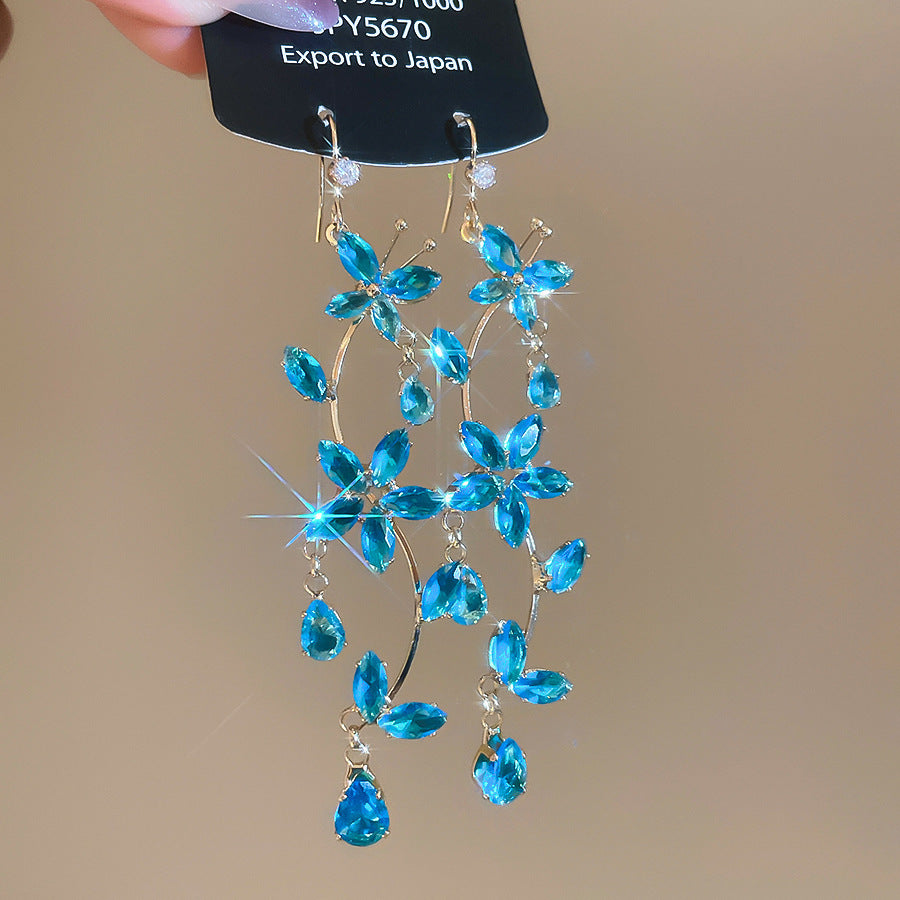 銀針熱銷鑲鑽鋯石水滴蝴蝶流蘇耳環輕奢高級感耳釘耳飾設計感小衆