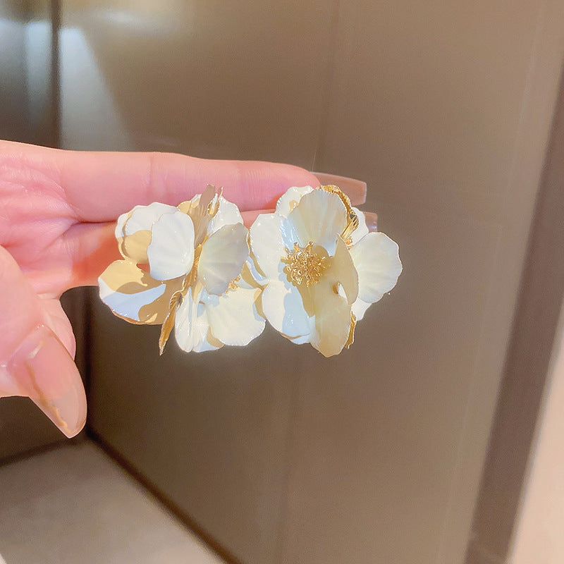 跨境歐美誇張白色花朵珍珠流蘇耳環時尚百搭耳釘耳墜高級感耳飾女