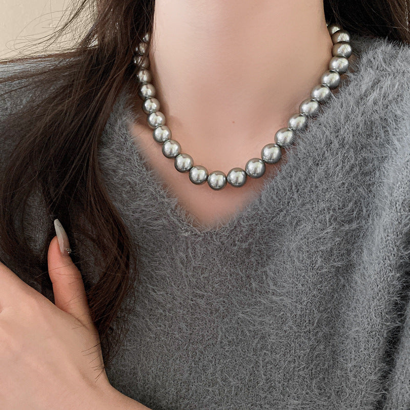 法式復古灰色珍珠項鍊小衆簡約設計感鎖骨鏈氣質輕奢高級感項飾女