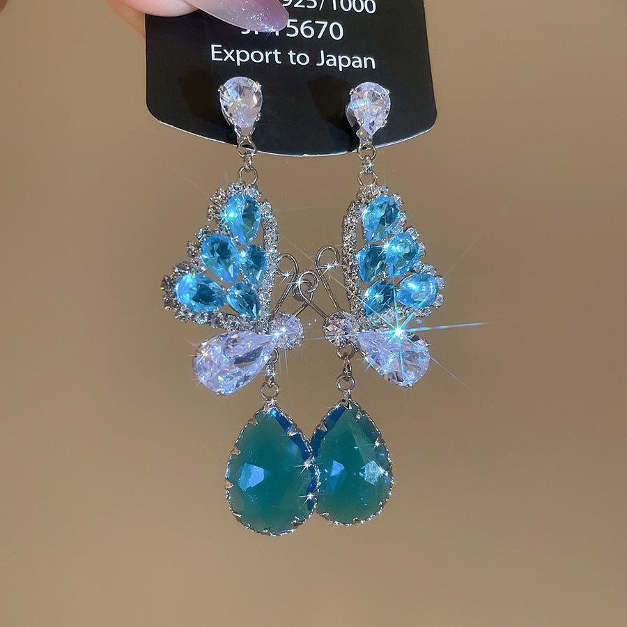 銀針熱銷鑲鑽鋯石水滴蝴蝶流蘇耳環輕奢高級感耳釘耳飾設計感小衆