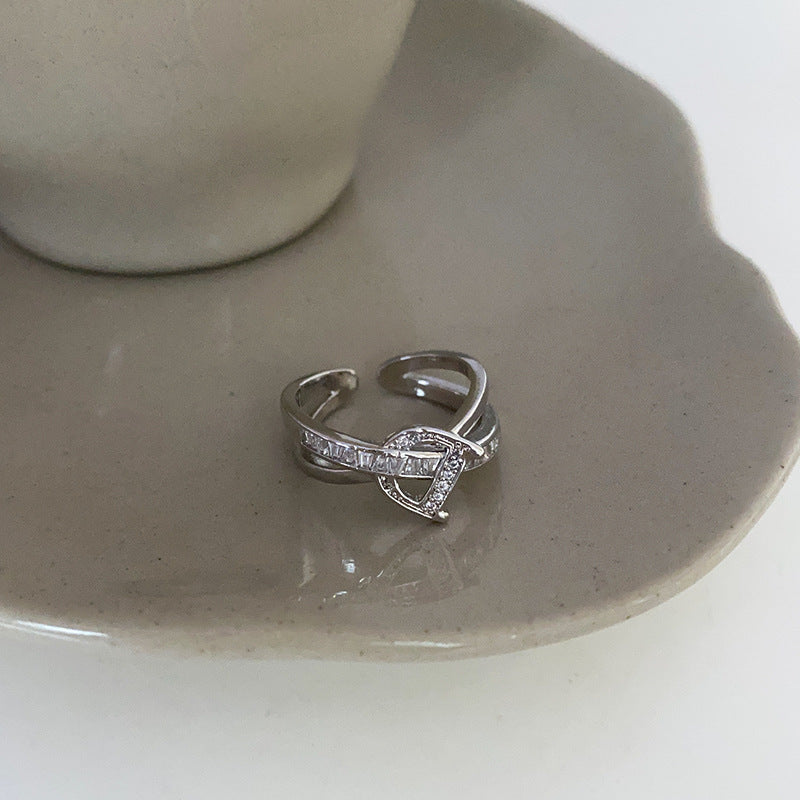 彩色方形鋯石花朵雙環開口戒指日韓小衆甜美食指戒潮流時尚手飾女