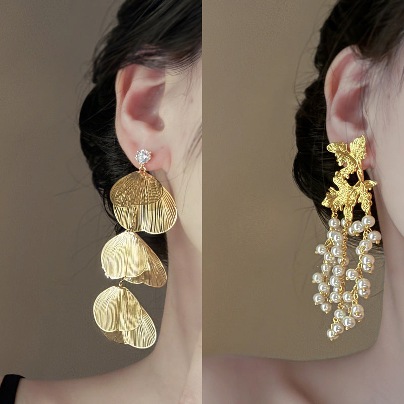 銀針歐美跨境專供花朵珍珠流蘇耳環氣質個性耳釘誇張高級感耳飾女