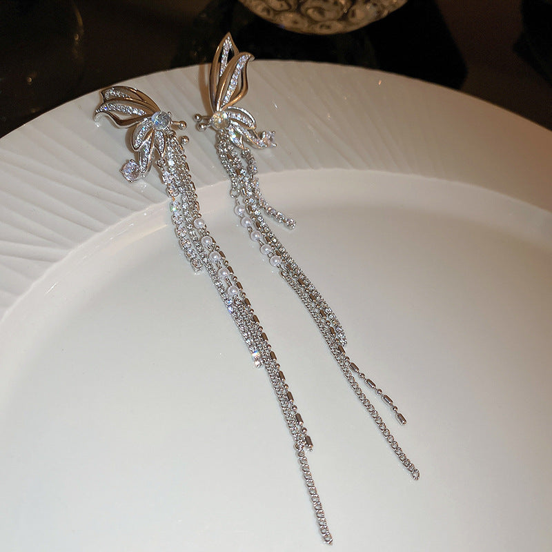 銀針跨境冷淡風銀色鑲鑽鋯石花朵珍珠耳環長款流蘇耳釘高級感耳飾