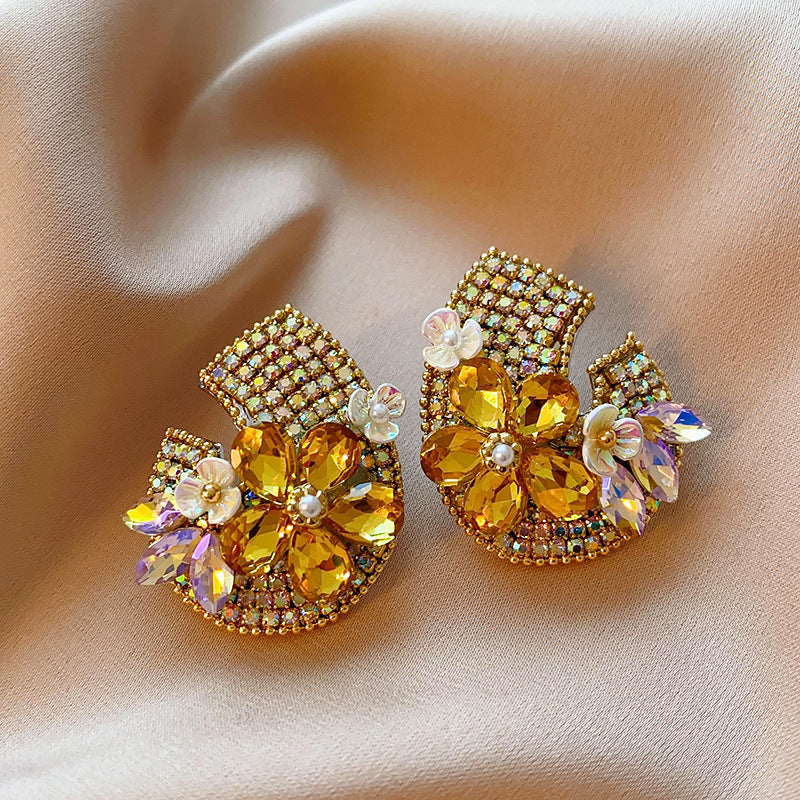 銀針歐美輕奢人造鋯石水晶款愛心耳釘時尚宮廷風耳環高級感耳飾女