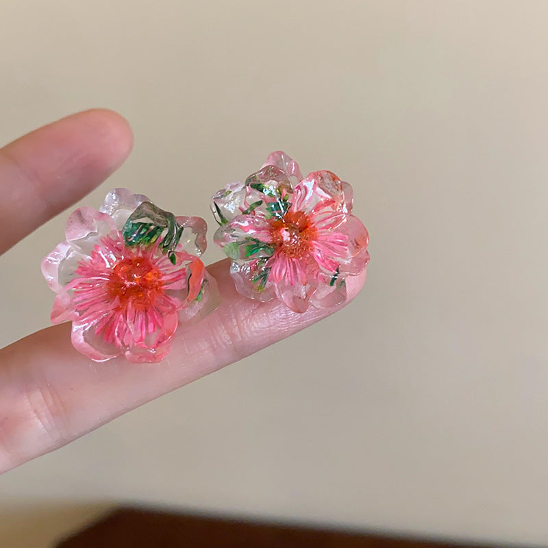 度假風粉色米珠花朵珍珠流蘇耳環少女氛圍感耳釘波西米亞甜美耳飾