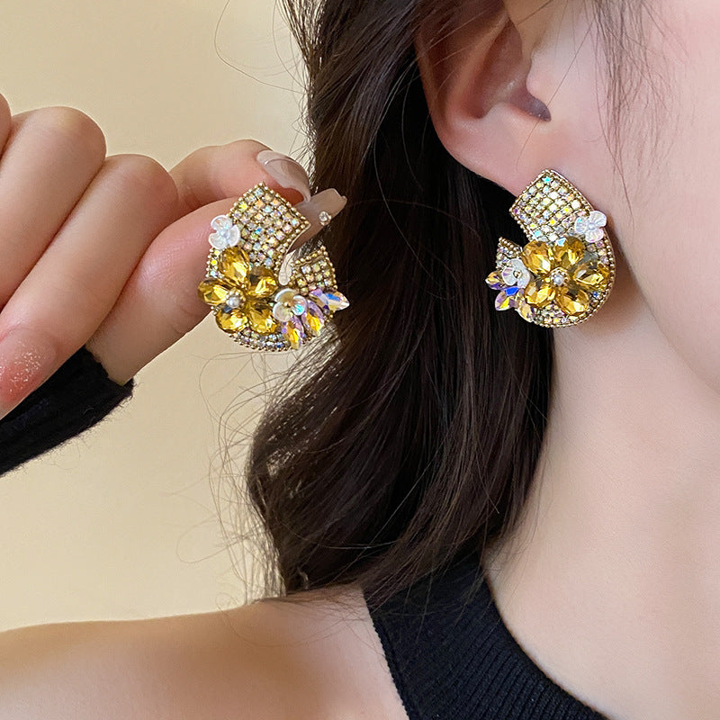 銀針歐美輕奢人造鋯石水晶款愛心耳釘時尚宮廷風耳環高級感耳飾女