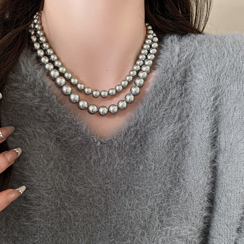 法式復古灰色珍珠項鍊小衆簡約設計感鎖骨鏈氣質輕奢高級感項飾女