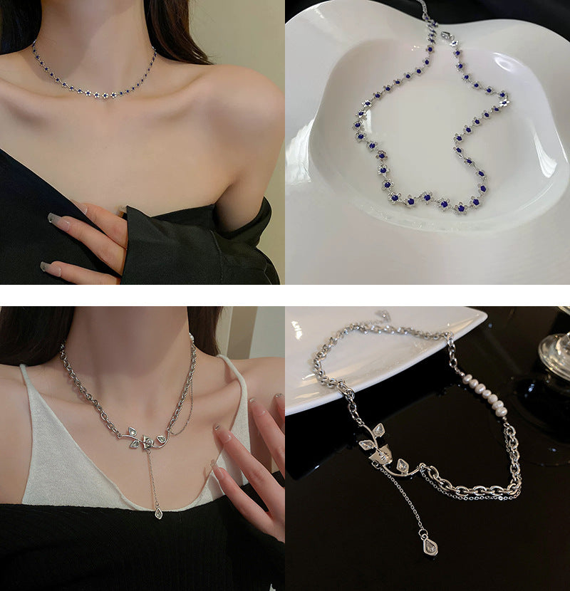 韓國時尚冷淡風鑲鑽愛心珍珠項鍊網紅小衆設計感氣質鎖骨鏈項飾女