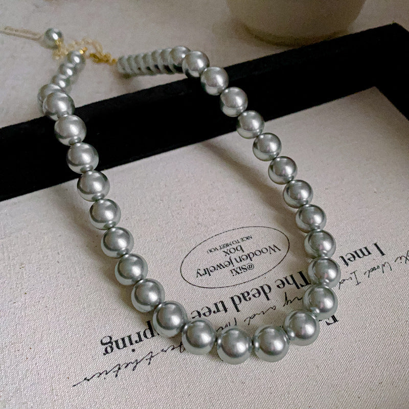 法式復古灰色珍珠項鍊小衆簡約設計感鎖骨鏈氣質輕奢高級感項飾女