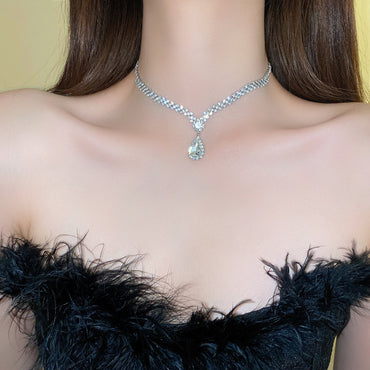 韓國東大門鑲鑽水滴耳環項鍊兩件套輕奢小衆鎖骨鏈個性冷淡風項飾