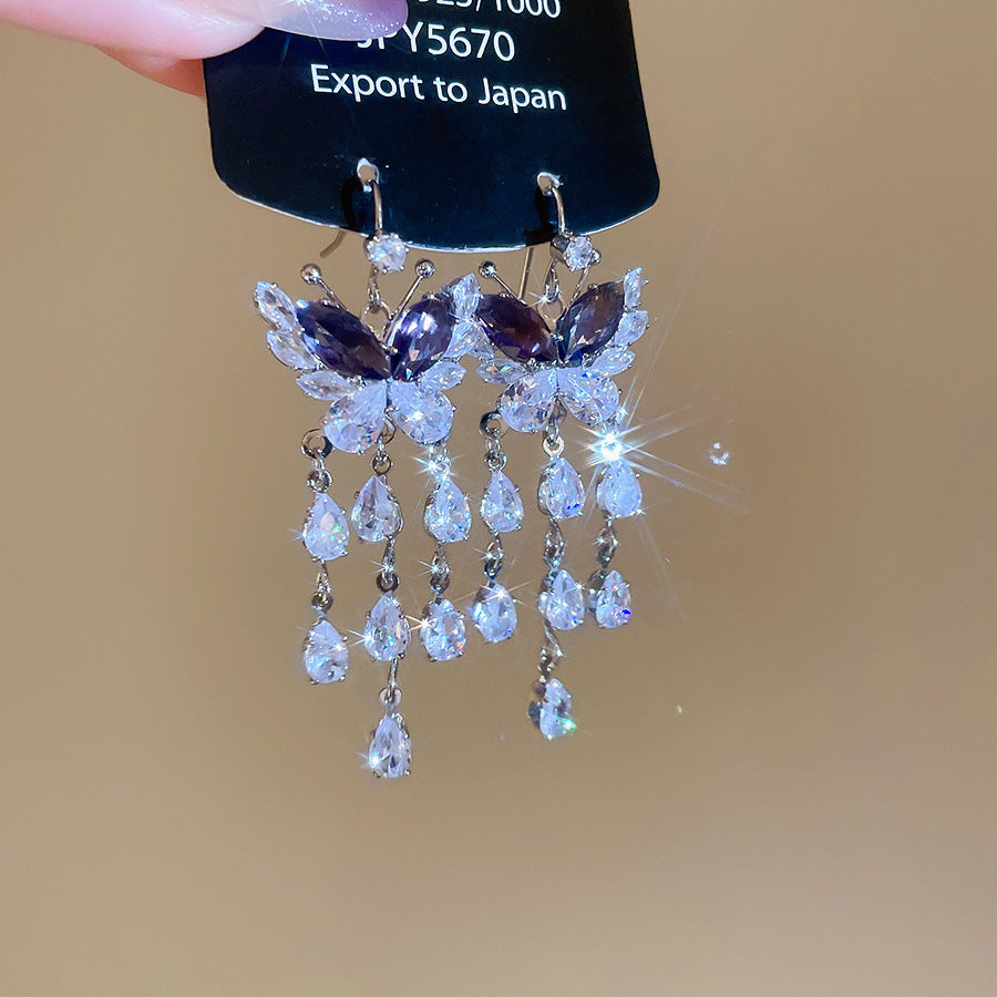 銀針熱銷鑲鑽鋯石水滴蝴蝶流蘇耳環輕奢高級感耳釘耳飾設計感小衆