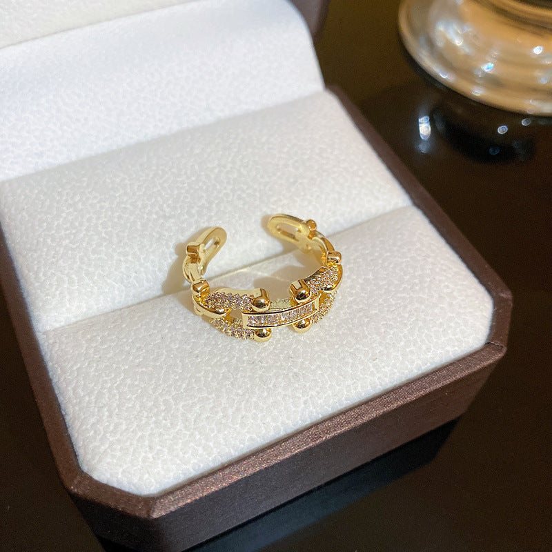 韓國時尚鋯石字母愛心幾何開口戒指輕奢小衆高級感食指戒百搭手飾