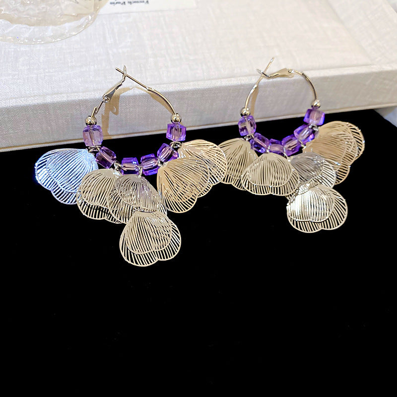 銀針跨境冷淡風銀色鑲鑽鋯石花朵珍珠耳環長款流蘇耳釘高級感耳飾