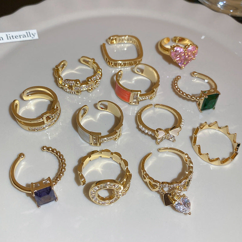 韓國時尚鋯石字母愛心幾何開口戒指輕奢小衆高級感食指戒百搭手飾