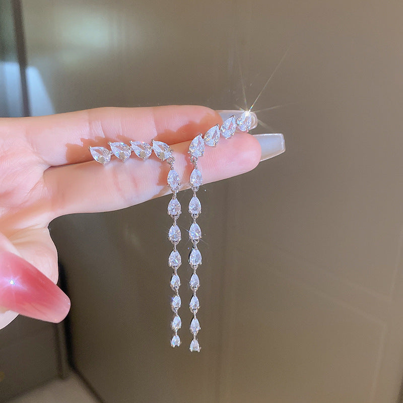銀針跨境冷淡風銀色鑲鑽鋯石花朵珍珠耳環長款流蘇耳釘高級感耳飾