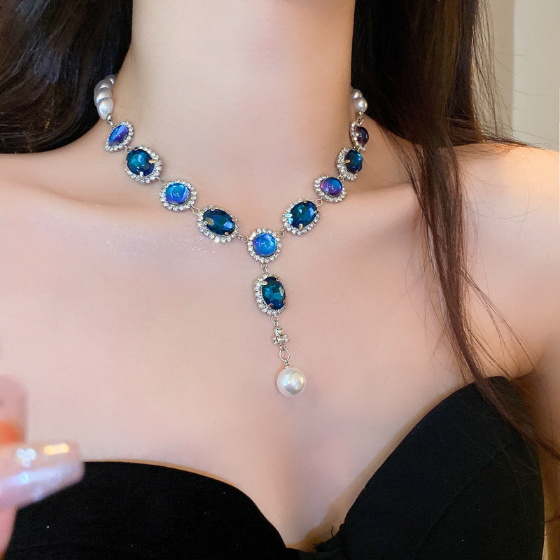 復古藍色鑲鑽珍珠流蘇項鍊法式復古宮廷風鎖骨鏈輕奢高級感項飾女