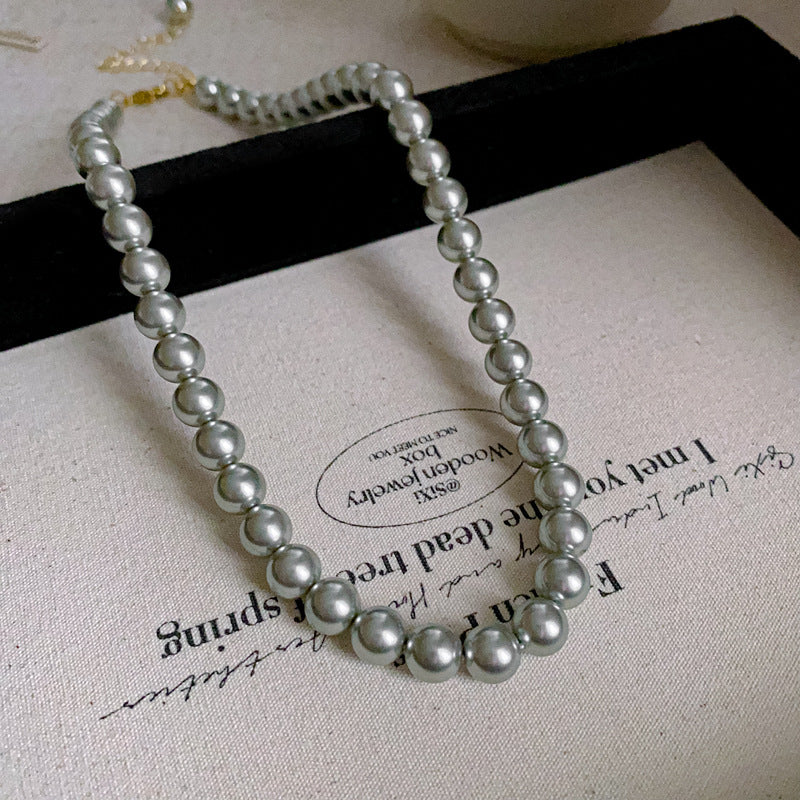 法式復古灰色珍珠項鍊小衆簡約設計感鎖骨鏈氣質輕奢高級感項飾女