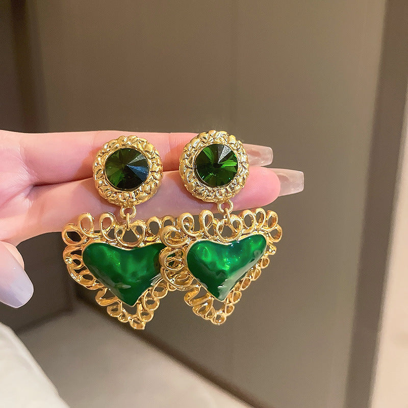 銀針中古vintage綠色鑲鑽蝴蝶珍珠耳環氣質耳墜復古高級感耳飾女