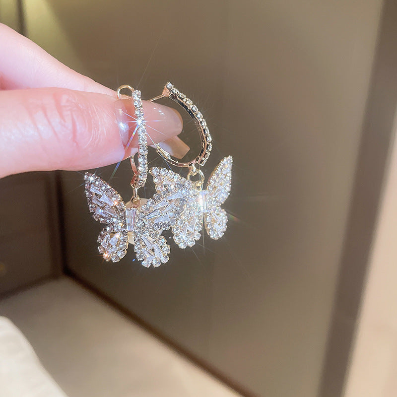 銀針輕奢鋯石花朵蝴蝶珍珠款耳釘氣質耳環高級感秋冬法式復古耳飾