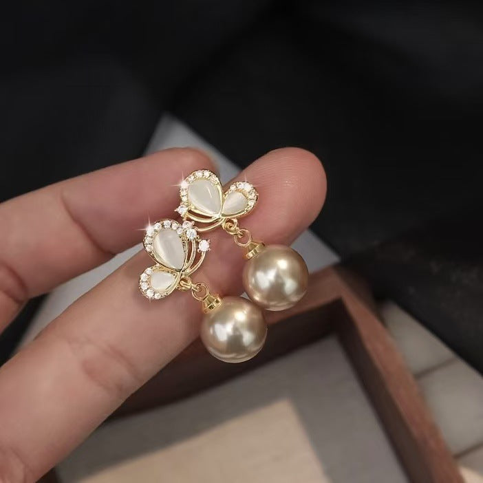 銀針輕奢鋯石花朵蝴蝶珍珠款耳釘氣質耳環高級感秋冬法式復古耳飾