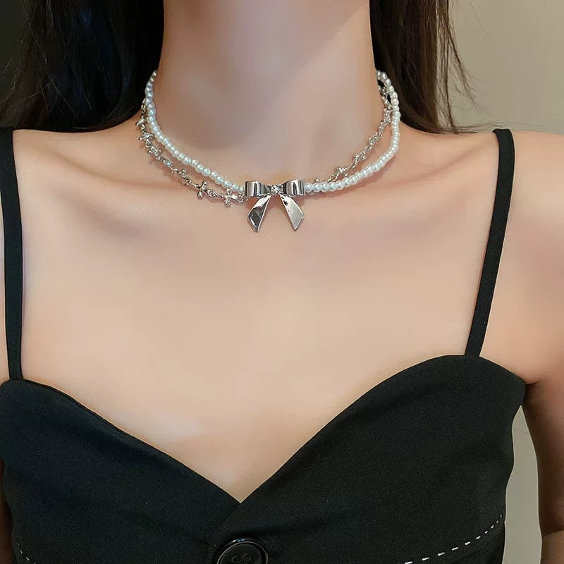 韓國時尚冷淡風鑲鑽愛心珍珠項鍊網紅小衆設計感氣質鎖骨鏈項飾女