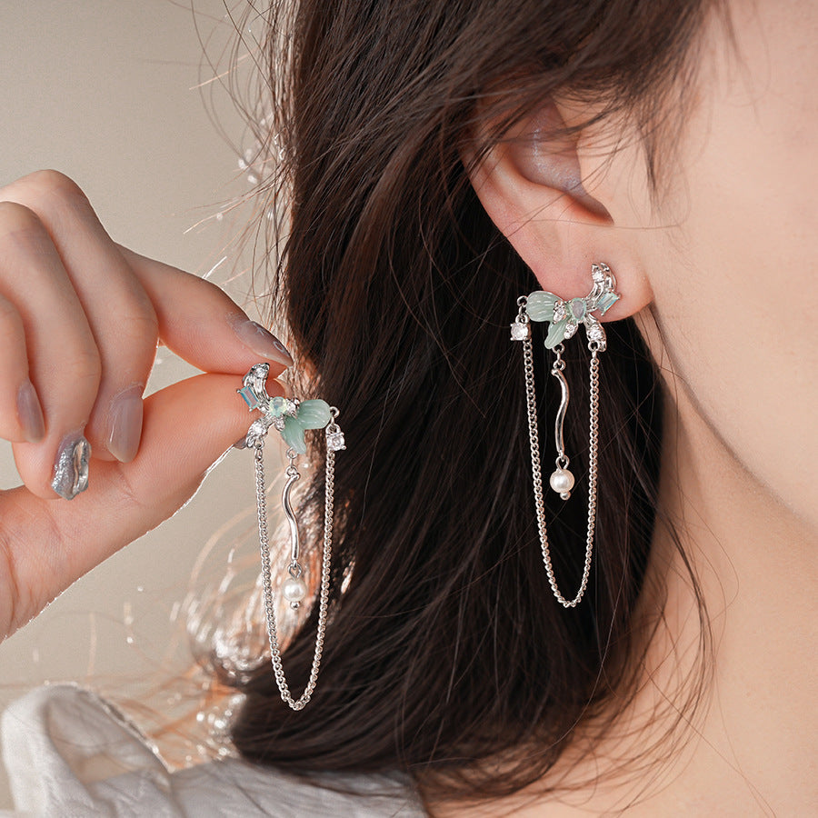 銀針小清新綠色樹脂鋯石蝴蝶流蘇耳釘甜美個性耳環輕奢高級感耳飾