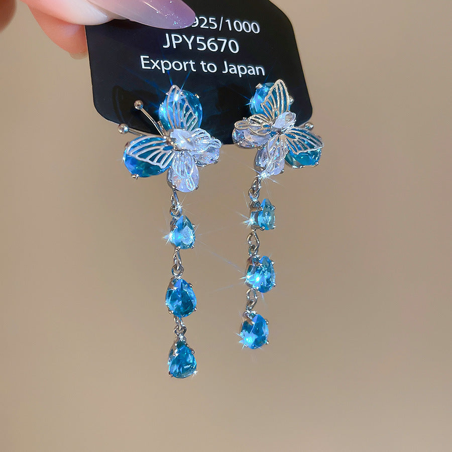 銀針熱銷鑲鑽鋯石水滴蝴蝶流蘇耳環輕奢高級感耳釘耳飾設計感小衆