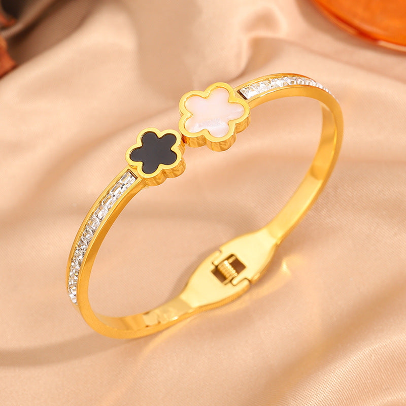 韓版黑白五瓣花排鑽鈦鋼手鐲女簡約開口設計不褪色百搭手鐲飾品