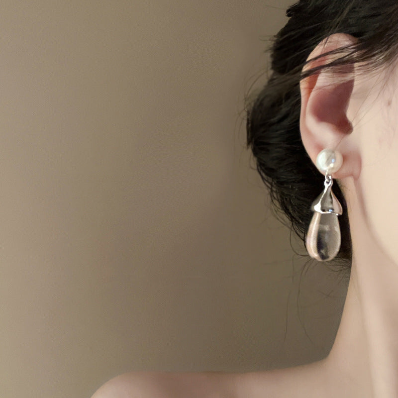 銀針冷淡風透明樹脂水滴花朵珍珠耳環時尚耳釘跨境歐美高級感耳飾