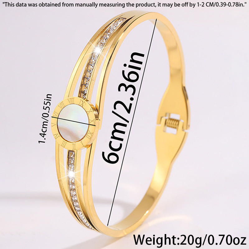 跨境熱賣新品白貝羅馬文不鏽鋼手鐲女歐美小衆輕奢鏤空鑲鑽手飾品