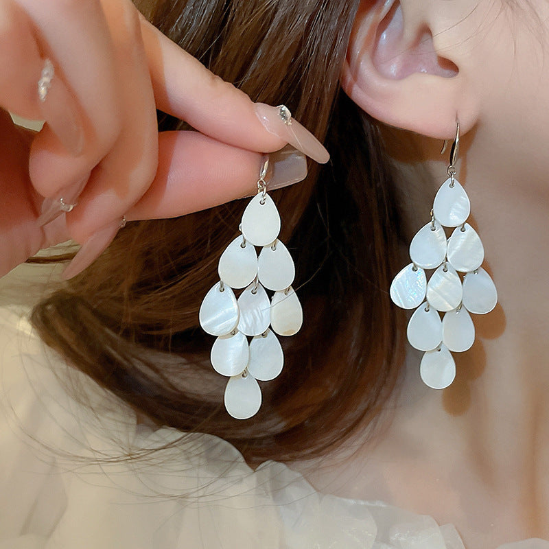 銀針時尚白色系花朵貝殼珍珠耳環氣質新款耳釘歐美時尚高級感耳飾