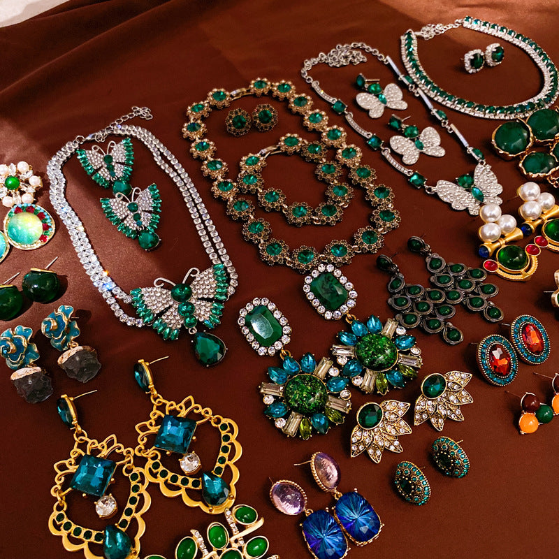 銀針中古vintage綠色鑲鑽蝴蝶珍珠耳環氣質耳墜復古高級感耳飾女